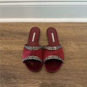 Manolo Blahnik Burgundy Satin Slide Sandals with Silver Embellishments